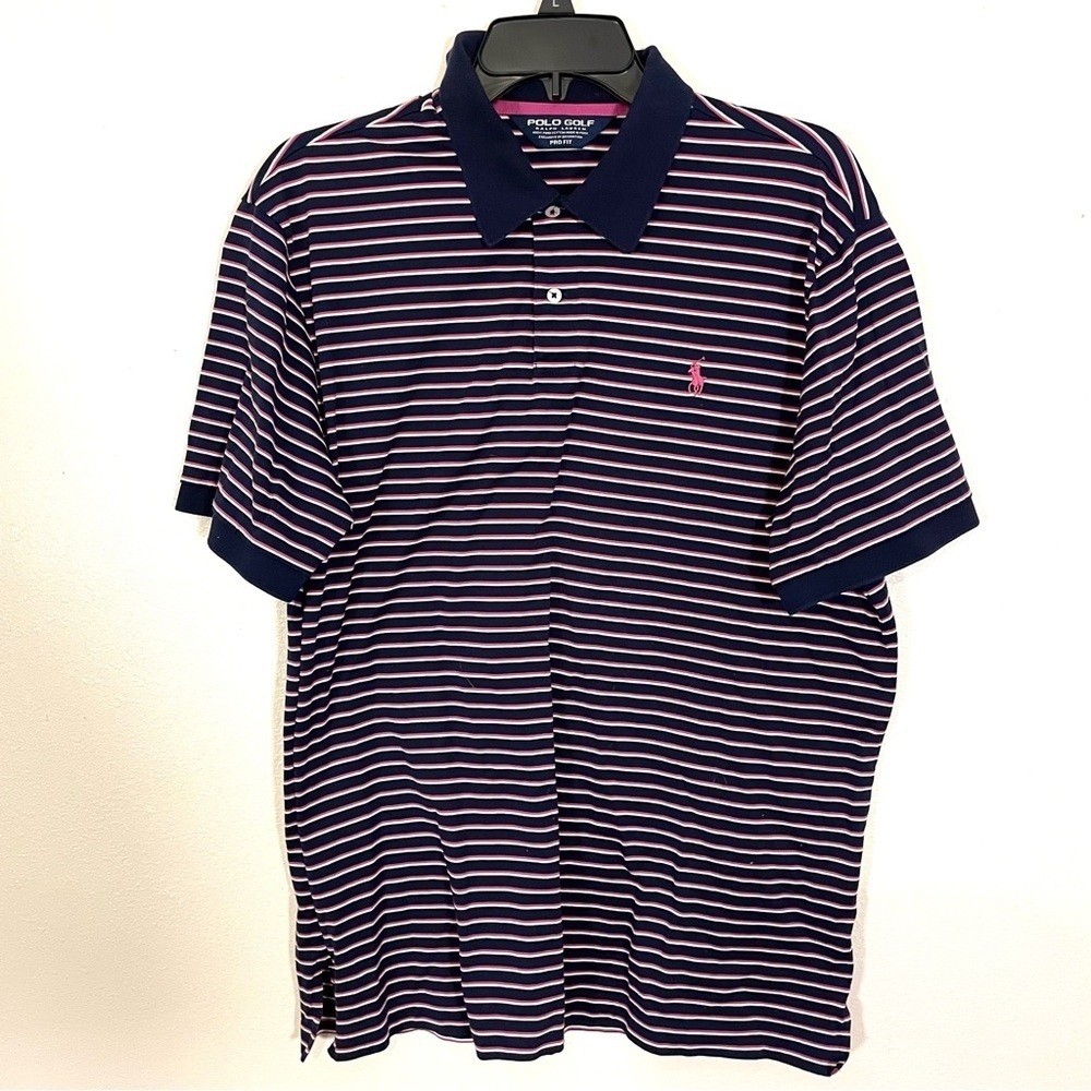 Polo Golf Ralph Lauren Shirt Mens L Blue Pink Striped Pro Fit Pima Cotton Peru